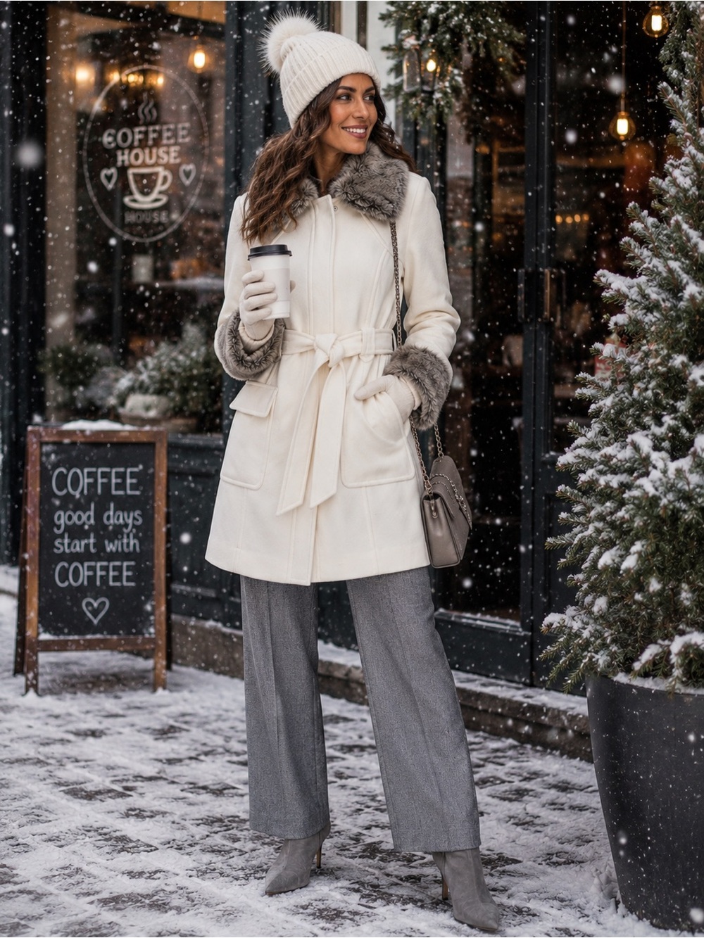 Jessica Simpson Cream Trench Coat with Gray Faux Fur Trim